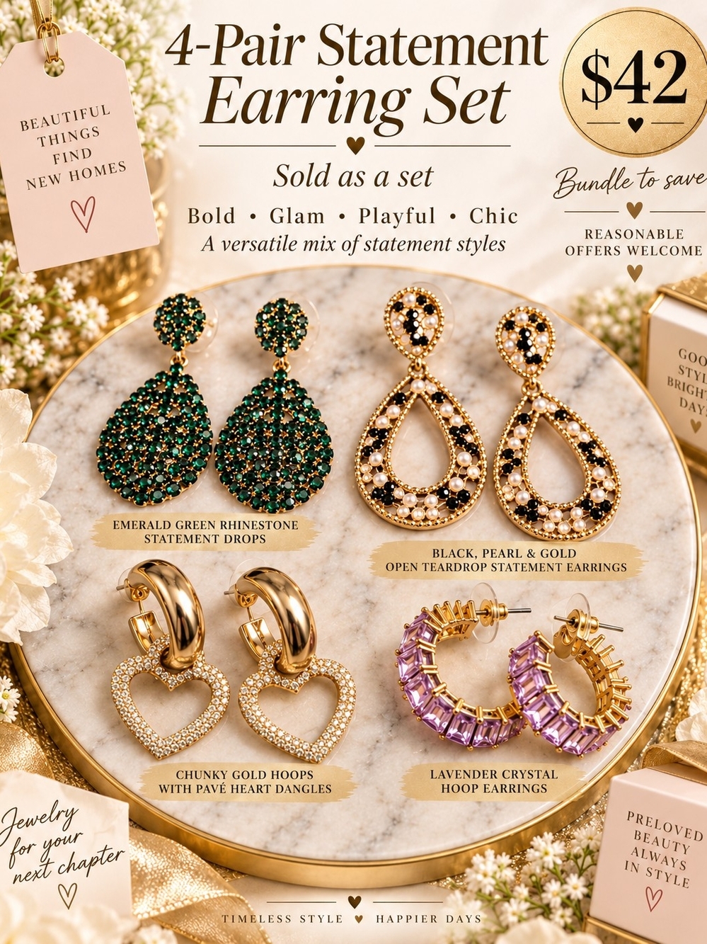 4-Pair Statement Earring Set — Emerald Green, Black & Gold, Lavender, Gold